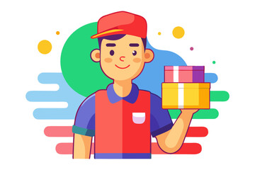 Delivery Delight: An illustration of a delivery man, radiating reliability and efficiency while carrying packages, representing the core of seamless service in vibrant colours and inviting aesthetics.