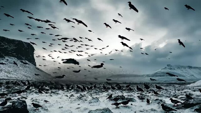 Flock of ravens soaring over a rugged winter landscape in slow motion, Raven flock flying slow motion over rugged winter landscape, Iceland
