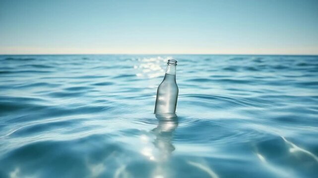 Clear glass bottle floating in the ocean water with ripples under a bright blue sky horizon view