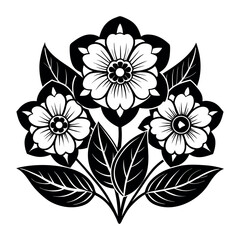 Stylized black and white floral design with three flowers and leaves