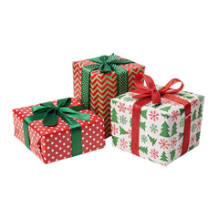 Three festive gifts wrapped in vibrant paper promising joy and excitement under the tree on transparent background