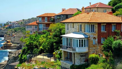 Beautiful seaside view of Sydney Bronte district with coastal homes and clear blue waters, Sydney Bronte district view from seaside Residential houses on ocean cliff