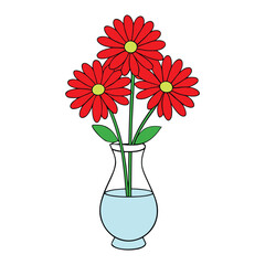 Bright red daisies bloom vibrantly in a clear glass vase, their fresh petals and green stems creating a cheerful, simple centerpiece full of natural beauty and warmth.
