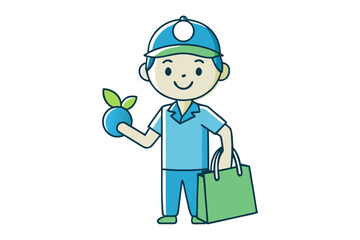 Eco-Friendly Delivery: A cheerful individual, clad in a vibrant uniform, strides confidently, presenting a conceptual illustration of ecological mindfulness