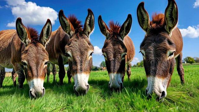 Five calm donkeys grazing on lush green grass under a clear blue sky in a tranquil landscape, Five well tempered and docile donkeys eating grass on the green lawn under the azure blue sky