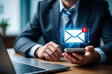 Business professional checking smartphone for new email notification with glowing envelope icon and digital data stream overlay on desk with laptop