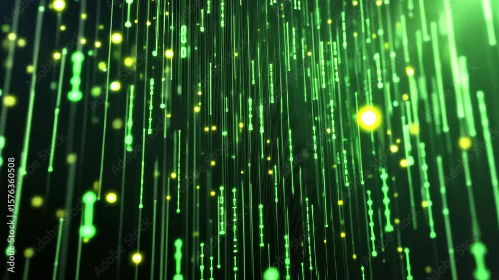 Poster Digital green binary data flowing on a computer screen in a dark environment at night, Green digital binary data on a computer screen Seamless 3D render