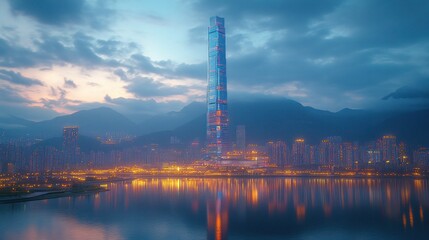 Fototapeta premium Tall skyscraper at dawn, city skyline reflected in calm water