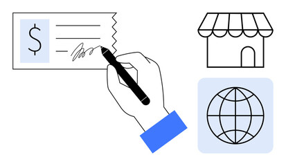 Hand signing receipt with pen, storefront building, and globe. Ideal for payment, shopping, business, global trade, finance contract e-commerce. Simple flat metaphor