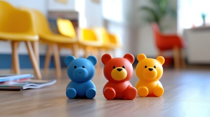 Obraz premium Three colorful teddy bears in a waiting room