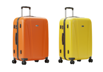 Vibrant orange and bright yellow modern hardside suitcases, standing upright with extended handles and spinner wheels, isolated on a seamless transparent background with soft studio lighting and