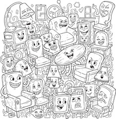 Funny Furniture Characters Doodle Illustration
