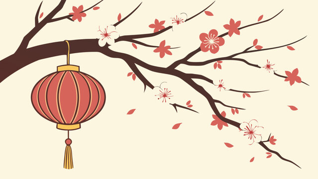 Chinese new year lantern cherry blossom branch oriental celebration asian festival traditional decoration art
