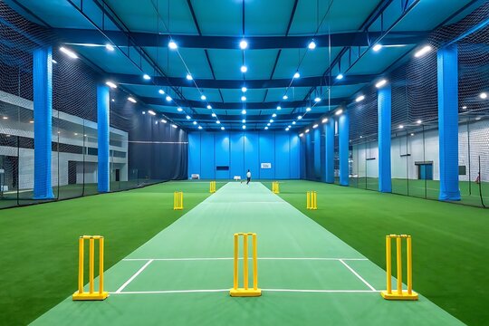 Indoor cricket training facility with green pitch yellow wickets and a person practicing batting