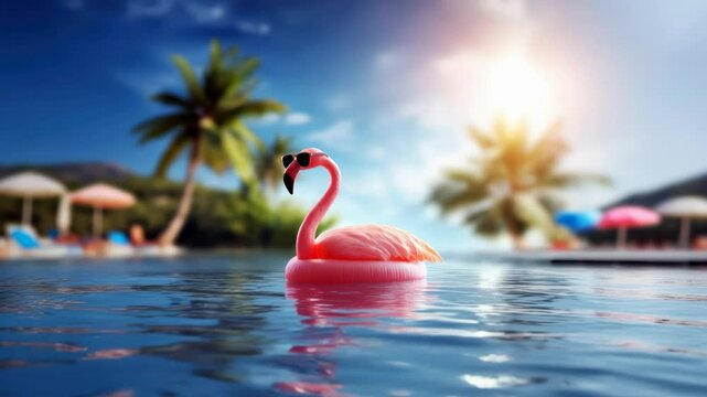 Floating flamingo in sunny outdoor pool radiating playful vacation and tropical energy