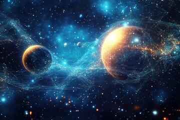 abstract digital galaxy with wireframe planets