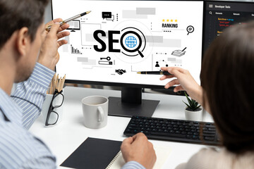 SEO search engine optimization for brisk e-commerce and online retail business showing on computer...