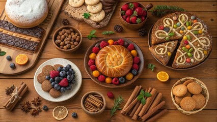 Fototapeta premium Delicious Christmas cookies with warm spices and nuts, beautifully arranged on a wooden table