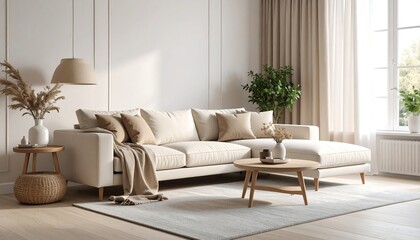 Light beige living room with sectional sofa, wooden accents