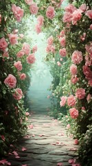 Walking Path Lined with Pink Roses and Stone Pavement