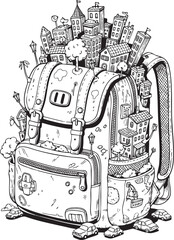 Backpack Cityscape Urban Doodle Illustration