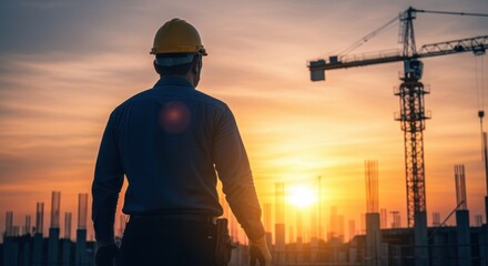 Backlit construction professional amid developing site with radiant sunset horizon.