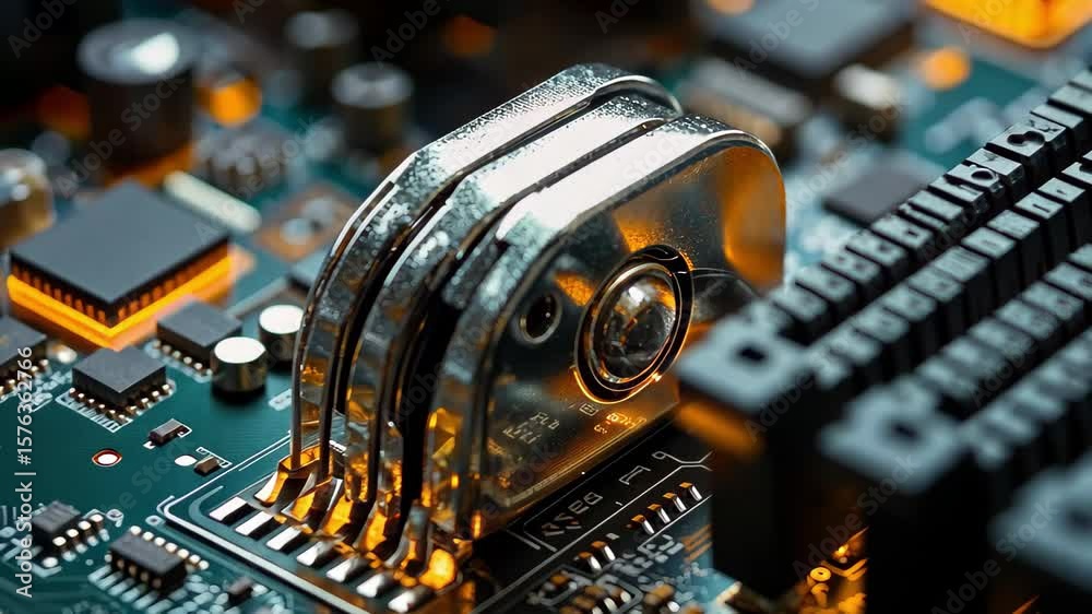 Poster secure tech scene shows combination padlock fastened to circuit board with glowing components, secur