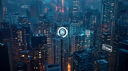 Dynamic urban landscape illuminated by social media and notification icons at night, Social media and notification icons over the cities social network concept High quality - Powered by Adobe