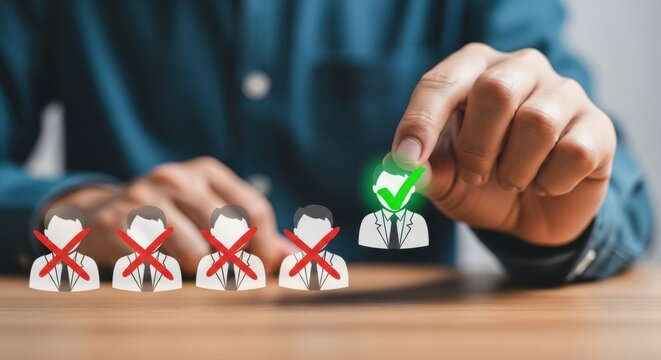 A hand selects a candidate with a green checkmark, representing successful recruitment and talent acquisition