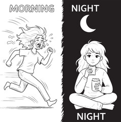 Morning Rush Night Relaxation Doodle Concept
