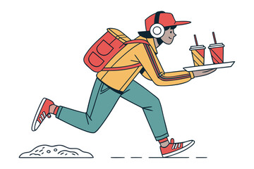 Speedy Meal Delivery: A dedicated individual sprints forward, balancing a tray of refreshing beverages while carrying a delivery bag, all in the name of prompt service and customer satisfaction.