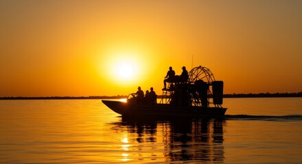 airboat moving slowly toward the horizon, with golden sunset reflecting on the water’s surface.