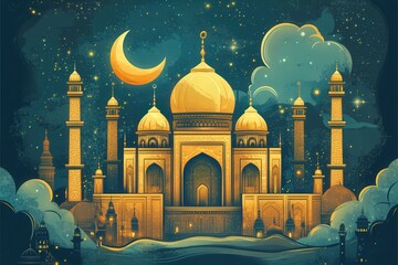 Golden mosque under a crescent moon at night
