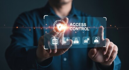 A person interacts with a digital interface displaying access control features, emphasizing cybersecurity and data protection