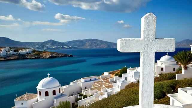 Beautiful holy cross atop Greek church with panoramic view of coastline and azure sea, Holy cross on white and blue greek church and panorama of Paros island, Greece