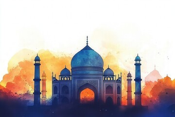 Taj mahal watercolor illustration in india