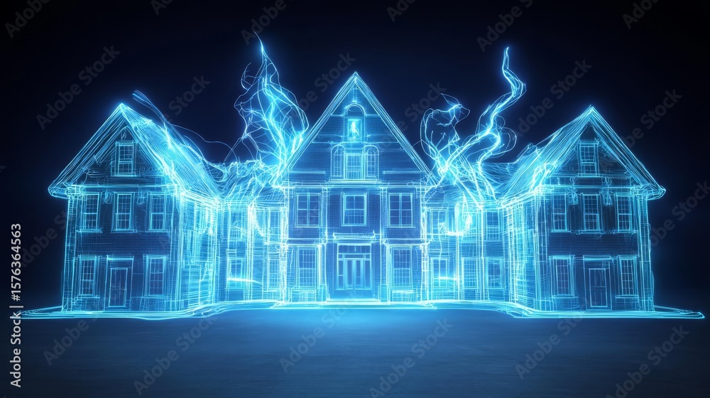 Fototapete a stunning digital rendering of a futuristic house with glowing outlines and smoke effects, showcasi
