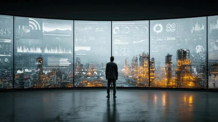 Futuristic cityscape with a man observing advanced data analytics on large digital screens in a high-tech control room - Powered by Adobe