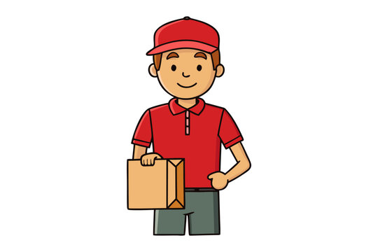 Delivery Man with Package: A cheerful delivery man, adorned in a red uniform, stands ready with a package, symbolizing prompt service and dependability. The image evokes convenience and anticipation.