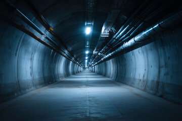 Long, concrete tunnel with pipes running overhead, lit by distant, evenly spaced, overhead lights.