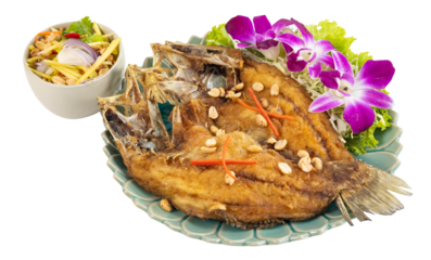 Thai Deep-Fried Sea Bass with Fish Sauce and Green Mango Salad (Pla Kapong Tod Nam Pla)