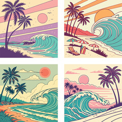 Obraz premium A retro beach with waves, palm trees, and a synthwave sun. 