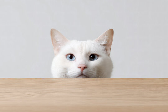 White cat with striking blue eyes peering curiously over a light-colored wooden surface, minimalist design.