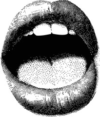 Black and white halftone graphic of open mouth capturing vintage pop art. Vector illustration