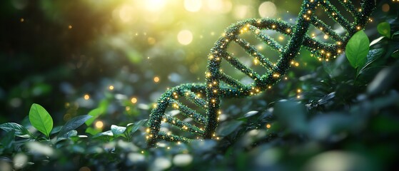 A DNA double helix creatively intertwined with green leaves and nature elements, symbolizing life