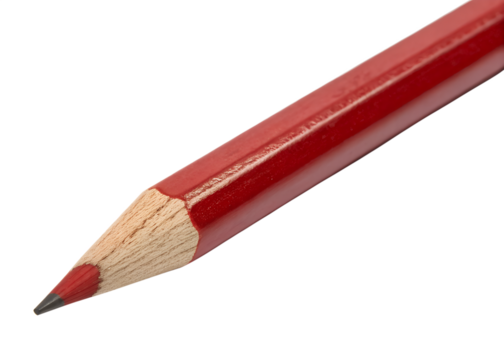 Close up of a sharp red pencil with a wooden body and graphite tip isolated on transparent background