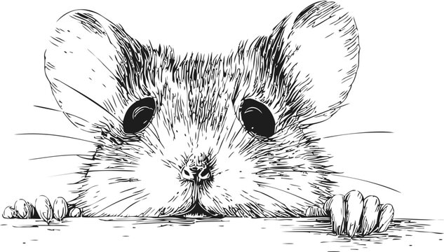 Adorable hand-drawn mouse peeking over surface, line work. Vector illustration