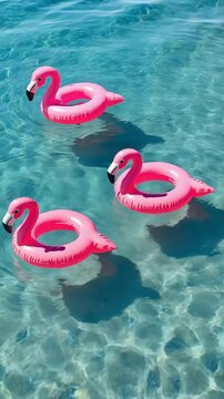 Three Pink Flamingo Pool Floats on Clear Water &ndash; Fun Summer Concept in Vertical 4K


