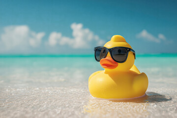 Obraz premium Cool ducky vacation! Yellow rubber duck with sunglasses enjoying a tropical beach. Summer vibes.