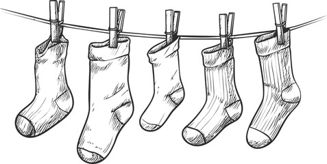 Five sketch style socks hanging on a clothesline with clothespins. Vector illustration